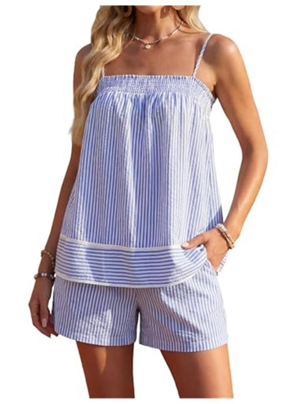 Blooming Jelly Blue Stripe 2 Piece Lounge Set Women's Cami Top & Shorts Vacation